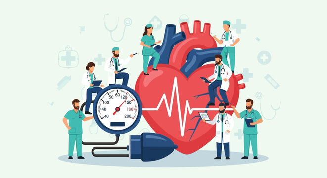 Medical Team Caring for Giant Heart with Blood Pressure Monitor and ECG