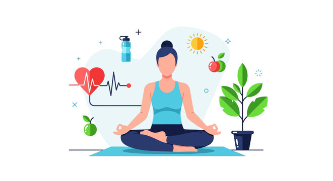 Woman meditating for healthy lifestyle, wellness, and fitness with heart rate and nature elements