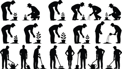 Fototapeta premium Gardening people silhouettes set, planting watering cleaning outdoor workers, black vector illustration collection nature activity pack