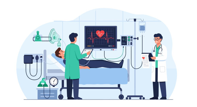 Intensive Care Unit: Doctors Monitor Patient's Vital Signs on ECG Monitor