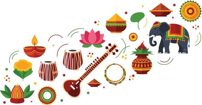 Indian cultural festival elements with elephant sitar diya lotus and traditional decorations isolated on transparent background colorful vector illustration set