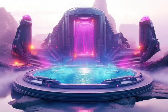 futuristic glowing portal and circular pool on rocky plateau with neon pink and blue lights, misty atmosphere, stairs and alien architecture evoking mysterious awe