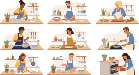 Fototapeta premium People cooking in kitchen illustration set, home food preparation scenes with diverse characters baking and preparing meals, healthy lifestyle concept