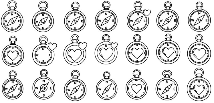 Black and White Line Art Icon Set of Love Compasses and Heart Directions for Romance, Travel, and Valentine's Day Design Elements
