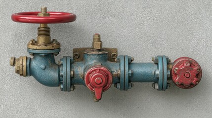 Fototapeta premium A close-up image of an industrial blue pipe system with red valve handles mounted on a textured gray wall.