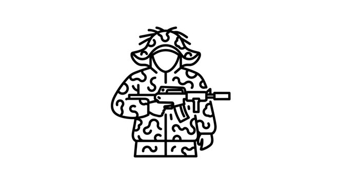 Camouflaged Soldier Holding Rifle, Military Icon, Line Art