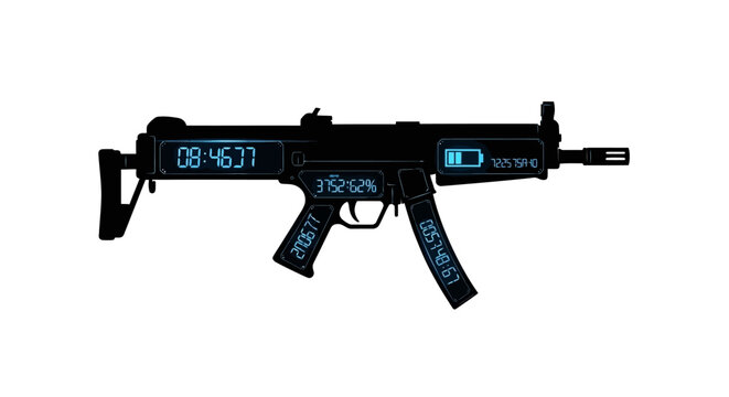 Futuristic Submachine Gun with Digital Display and Glowing Blue Accents