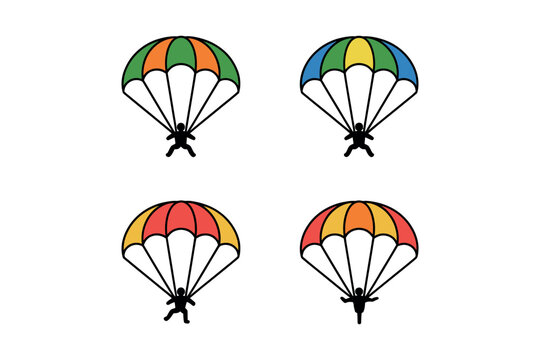 A colorful illustration of four parachuters in mid-air with vibrant parachutes
