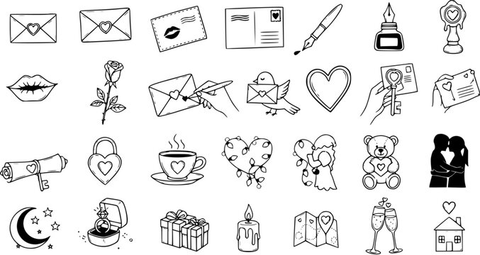 Hand-drawn Black and White Line Art Icons Set for Love, Romance, and Valentine's Day. Doodle Symbols for Relationships and Celebrations.