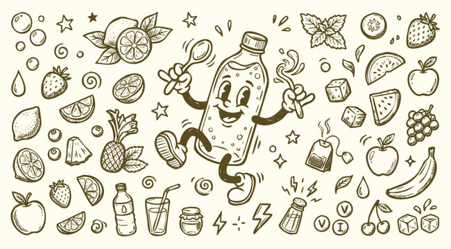 Vintage 1930s Retro Mascot Loaded Infused Water Illustration Set