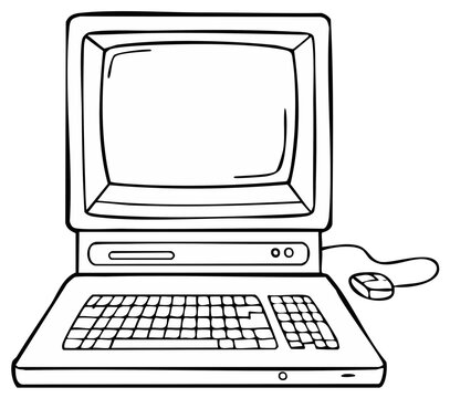 Retro Computer Outline Illustration Personal Computer Desktop Computer Vintage Home Office Vector Drawing