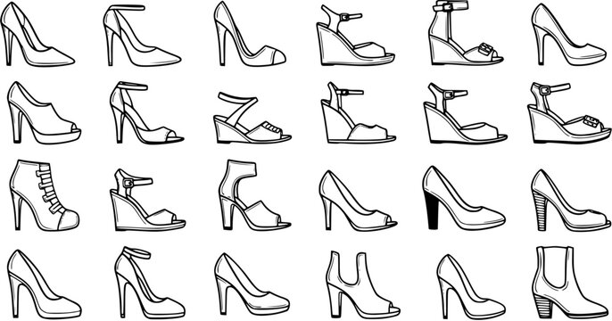 Black and White Line Art Collection of Diverse Women's High Heel Shoes