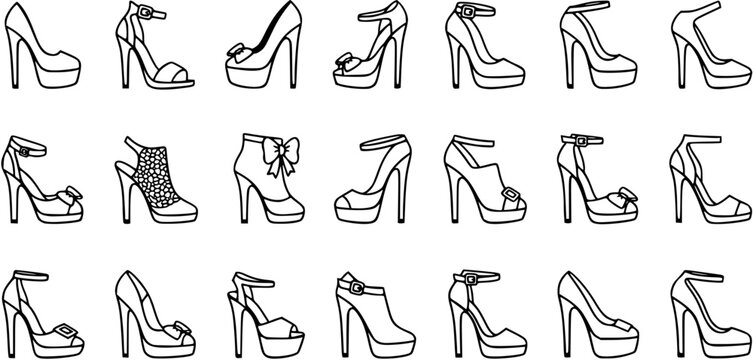Black and White Line Art Collection of Various High Heel Shoes, Fashion Vector