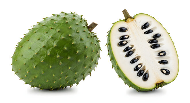 Fresh green soursop whole and halved with white fibrous flesh isolated on a white background. Tropical health fruit