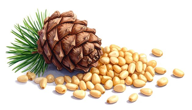 A pinecone and scattered seeds with a sprig of pine