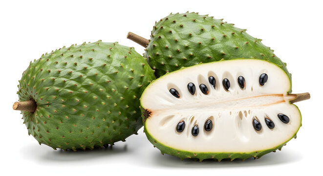 Fresh green soursop whole and halved with white fibrous flesh isolated on a white background. Tropical health fruit
