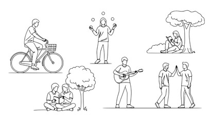 Fototapeta premium A set of minimalist line art illustrations depicting people engaging in various leisure activities