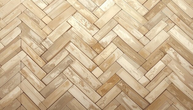 A detailed close-up showcases a herringbone pattern created with distressed, light-toned rectangular tiles, exhibiting a rustic and textured aesthetic.