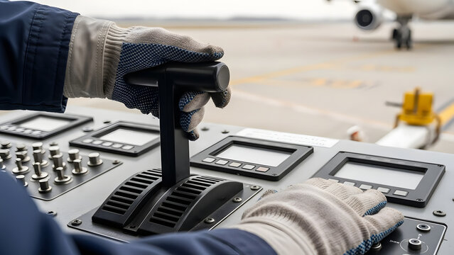 Close up of an airport ground support worker operating a pushback tug control panel.