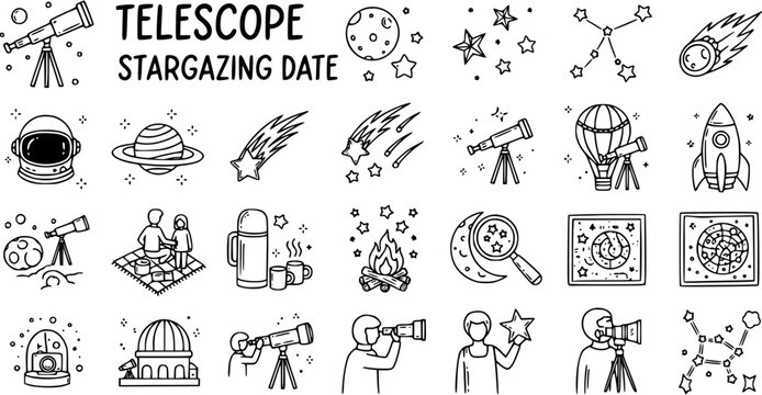 Hand-drawn Black and White Line Art Doodle Icons Set of Telescope Stargazing, Astronomy, and Space Exploration Activities.