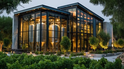 Obraz premium A modern glass winery building at dusk, showcasing large stainless steel fermentation tanks surrounded by lush vineyard greenery.