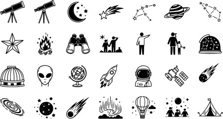 Astronomy and Space Stargazing Icons Set. Black and White Glyph Line Art Symbols of Celestial Bodies, Observatories, Exploration, and Night Sky Events. © pixsource