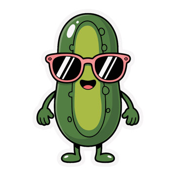 A funny Green Groovy Pickle Cartoon Character character with a cheerful and cute expression with sunglasses