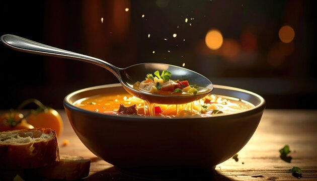 Delicious Hot Soup Served in a Bowl with a Spoonful Ready to Eat.