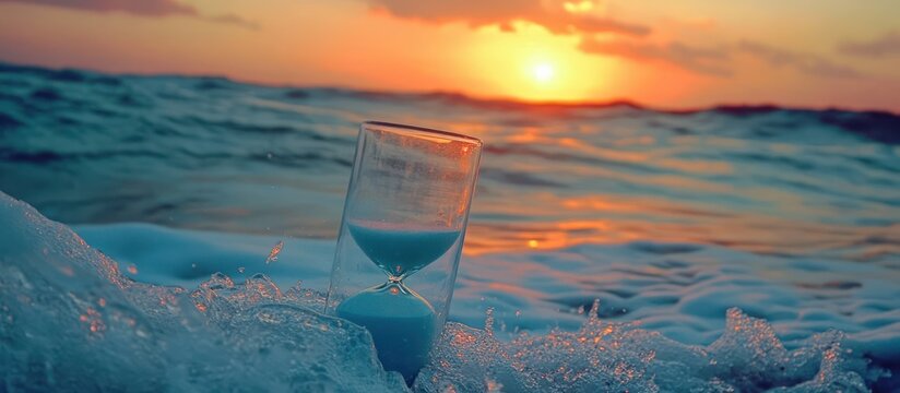Hourglass sits on ocean waves at sunset with orange sky and water splashing