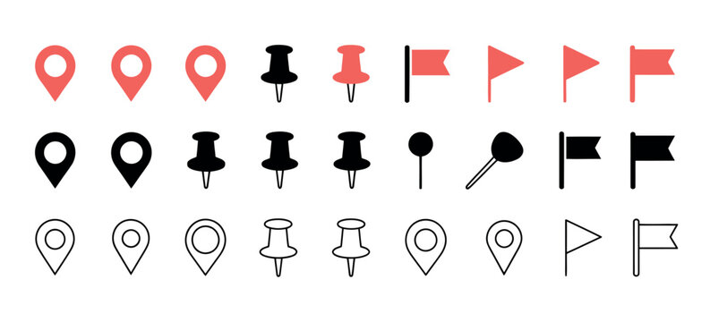 Map pin location icon set featuring map marker pushpin flag and navigation symbols clean modern vector illustration collection