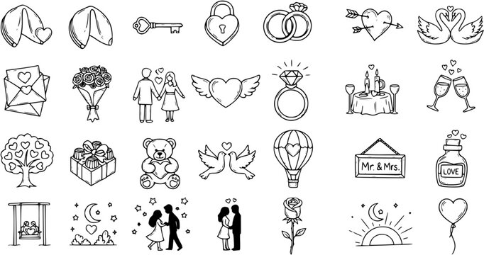 Hand-drawn Black  White Line Art Love and Romance Icons Set for Wedding, Valentine's Day, and Relationship Themes