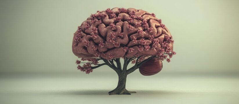 A surreal illustration of a brain tree with flowers representing self care and mental health in a serene environment.