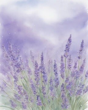 Lavender field watercolor serene dreamy mood atmosphere calm peace and gentle bloom under a pastel sky