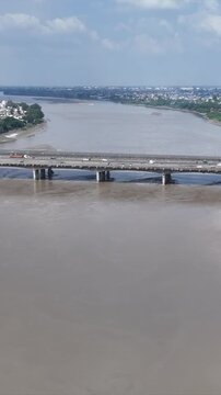 Vertical Aerial View of Jawahar Bridge over Yamuna River in Agra India
