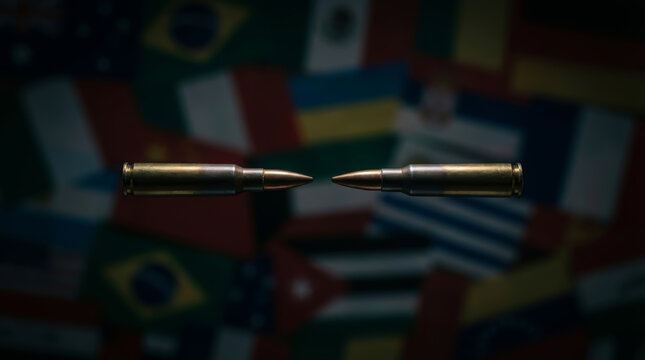 Global Conflict and Geopolitical Tension Concept with Two Rifle Bullets Facing Each Other Against a Blurred Background of International World Flags Representing War and Military Confrontation.