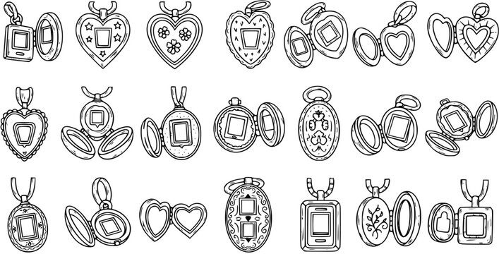 Jewelry Industry Locket Pendants Collection. Hand-Drawn Black and White Line Art Set of Open and Closed Picture Lockets, Heart and Oval Shapes, Doodle Style.
