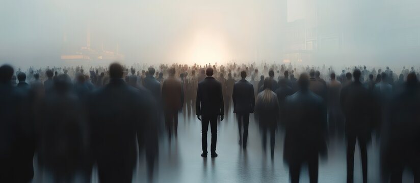 A large crowd of people walks towards the sun in a hazy atmosphere with silhouettes visible