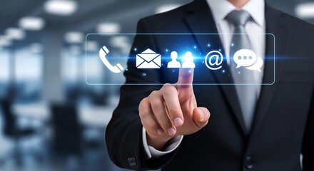 Fototapeta premium Customer support contact icons on virtual screen, businessman touching digital communication interface, help desk concept