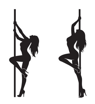 Pole dancer silhouette vector set, sensual woman dancing on pylon, black female figures in high heels, erotic striptease performance art icons