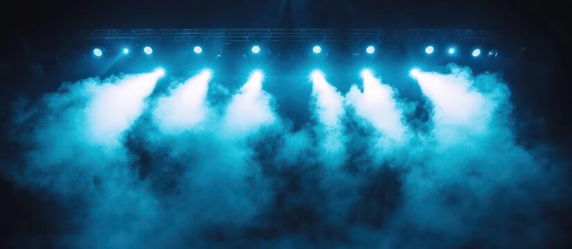 A dark stage with blue lights shining through fog creating a dramatic atmosphere