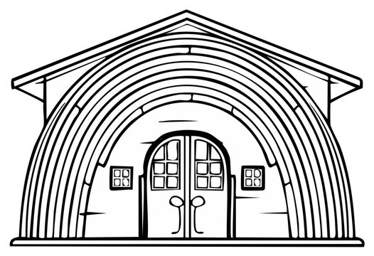 Drawn Quonset Hut Style Building with Arched Entrance and Double Doors