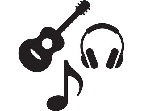 Music Icons Guitar Headphones and Note Silhouette for Audio Sound and Entertainment Concepts