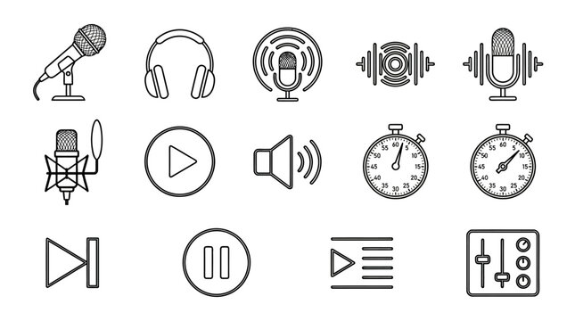Set Of Audio Recording And Equipment Icons In Minimalist Line Style