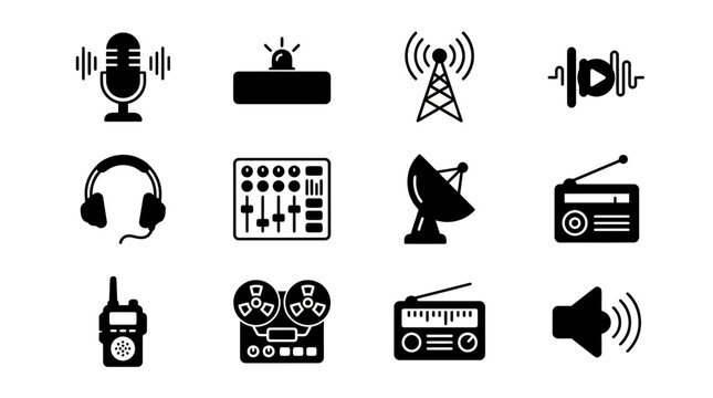 Collection of Audio and Radio Equipment Icons in Flat Design