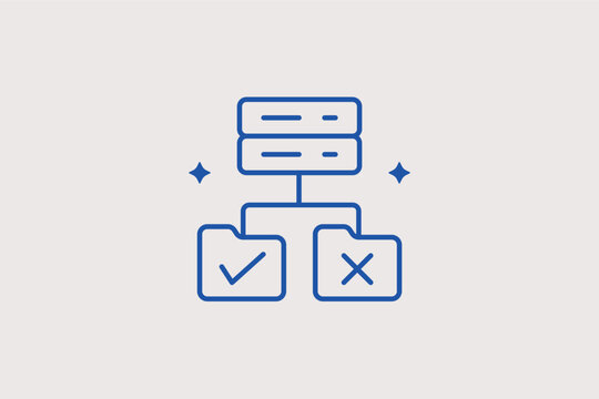  Server hierarchy with check and cross marks indicates system status and server health checks. Accurate Vector Illustration is ideal for network administration and troubleshooting dashboards.