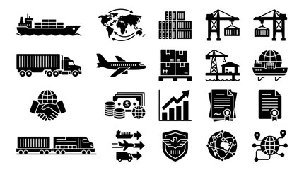 Obraz premium Vector Icon Set of Cargo Ship Airplane Crane Data Analysis and Logistics Elements