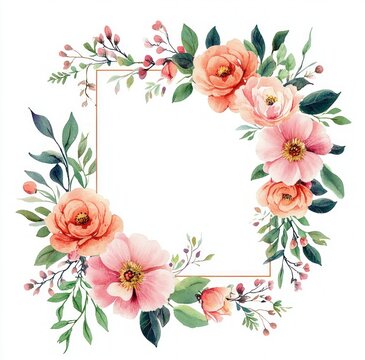 delicate watercolor floral square frame with peach and pink roses, green foliage, small buds and thin gold border, elegant romantic botanical wreath on white background