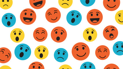Obraz premium Colorful repeating pattern features a variety of circular emoji faces with different expressions like happy, surprised, and sad.