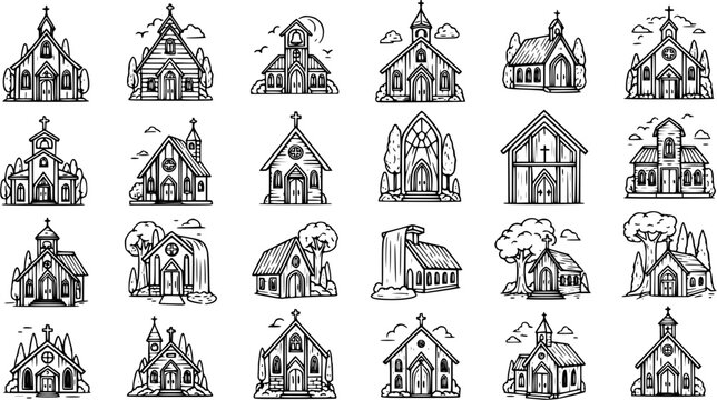 Black and White Line Art Icons of Various Churches, Religious Buildings Vector Set