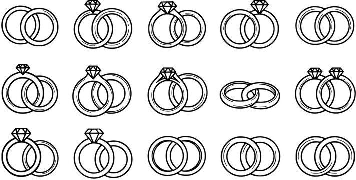 Black and White Line Art of Interlocking Wedding Rings, Vector Icon Set
